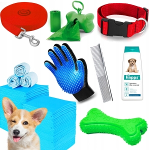ZESTAW DLA PSA SZCZENIAKA WYPRAWKA ZABAWKA SMYCZ OBROŻA PODKŁADY SZAMPON 8s